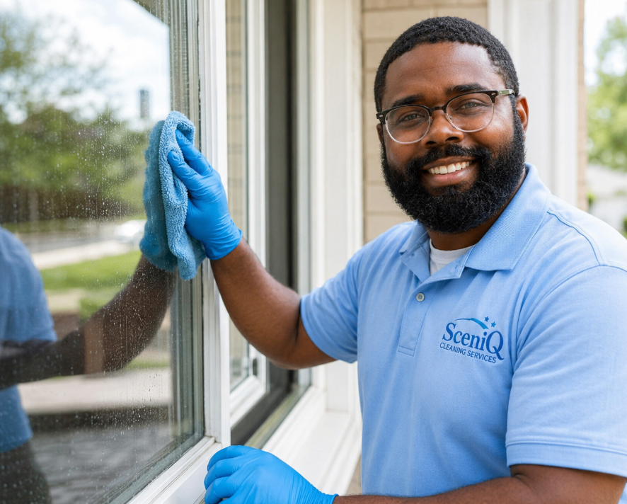 Quinton Hamilton, Sceniq Cleaning Services technician, smiling while washing a window
